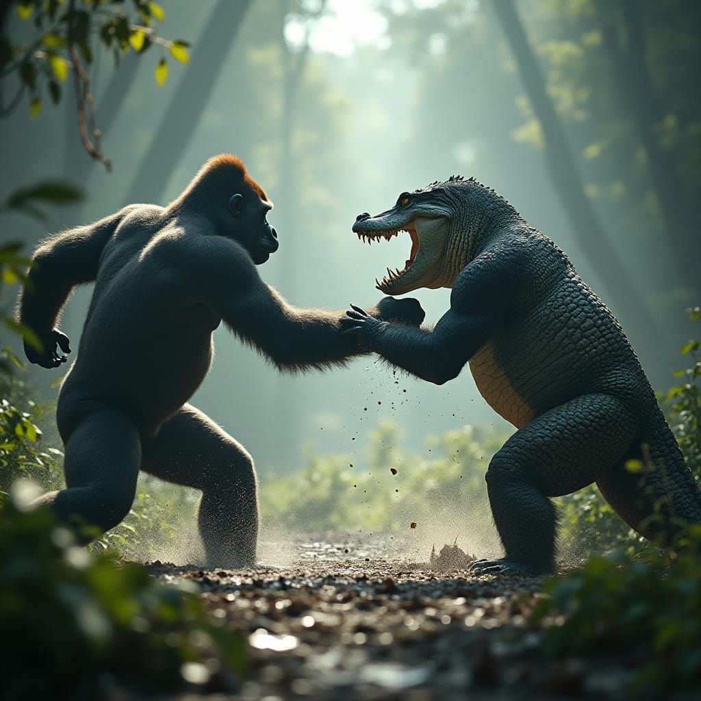 Epic Jungle Fencing Showdown Between Gorilla and Crocodile