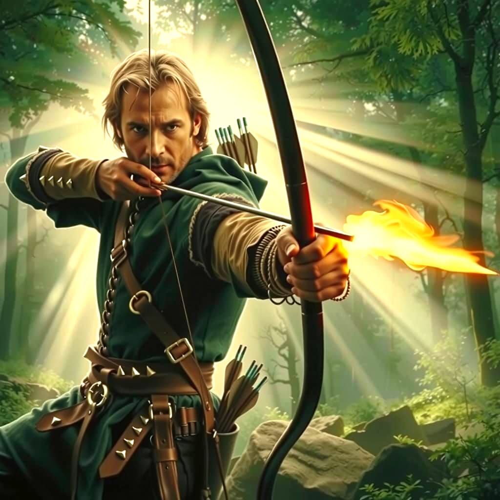 Robin Hood Shoots Flaming Arrow in Forest