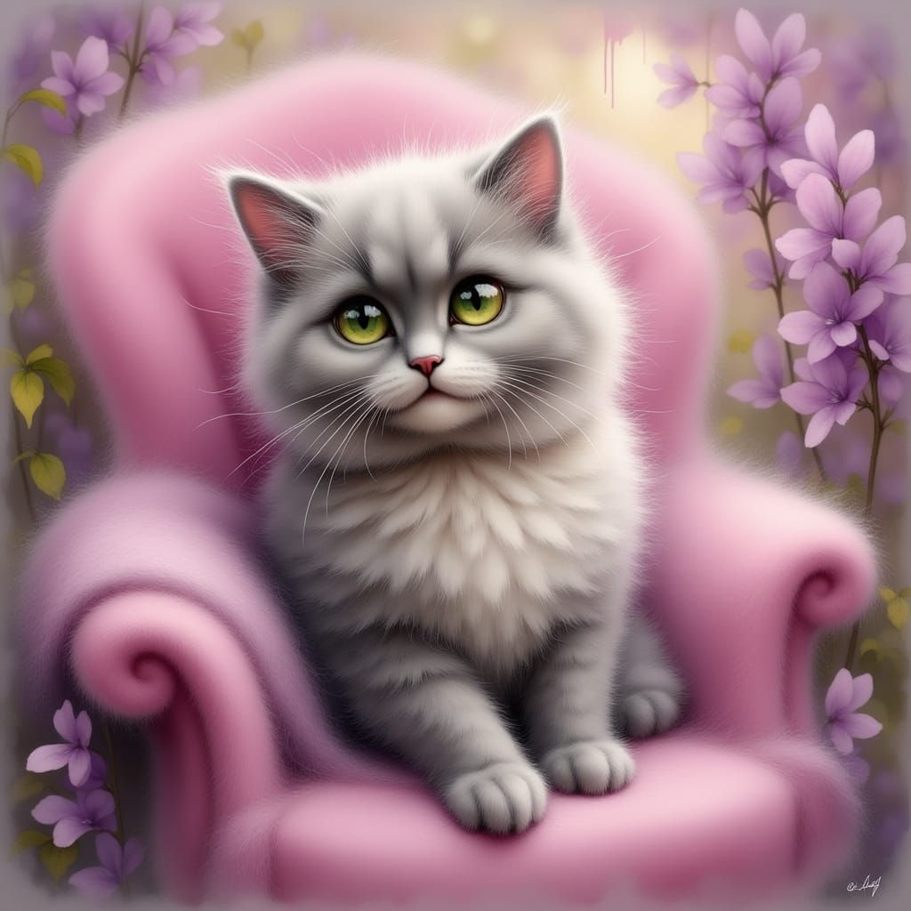 Whimsical Grey Cat Sits in Cozy Cream Faun Chair