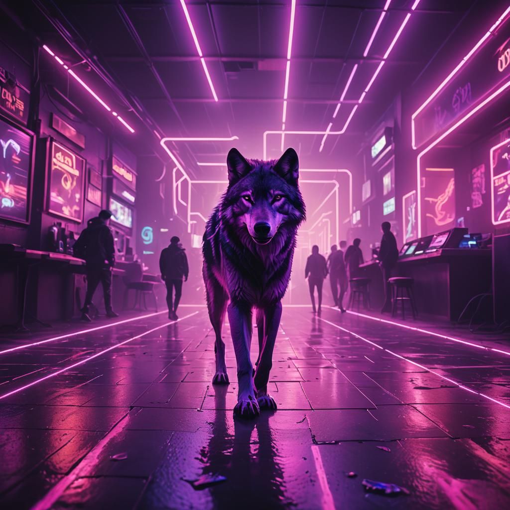Wolf in Neon Cyberpunk Nightclub
