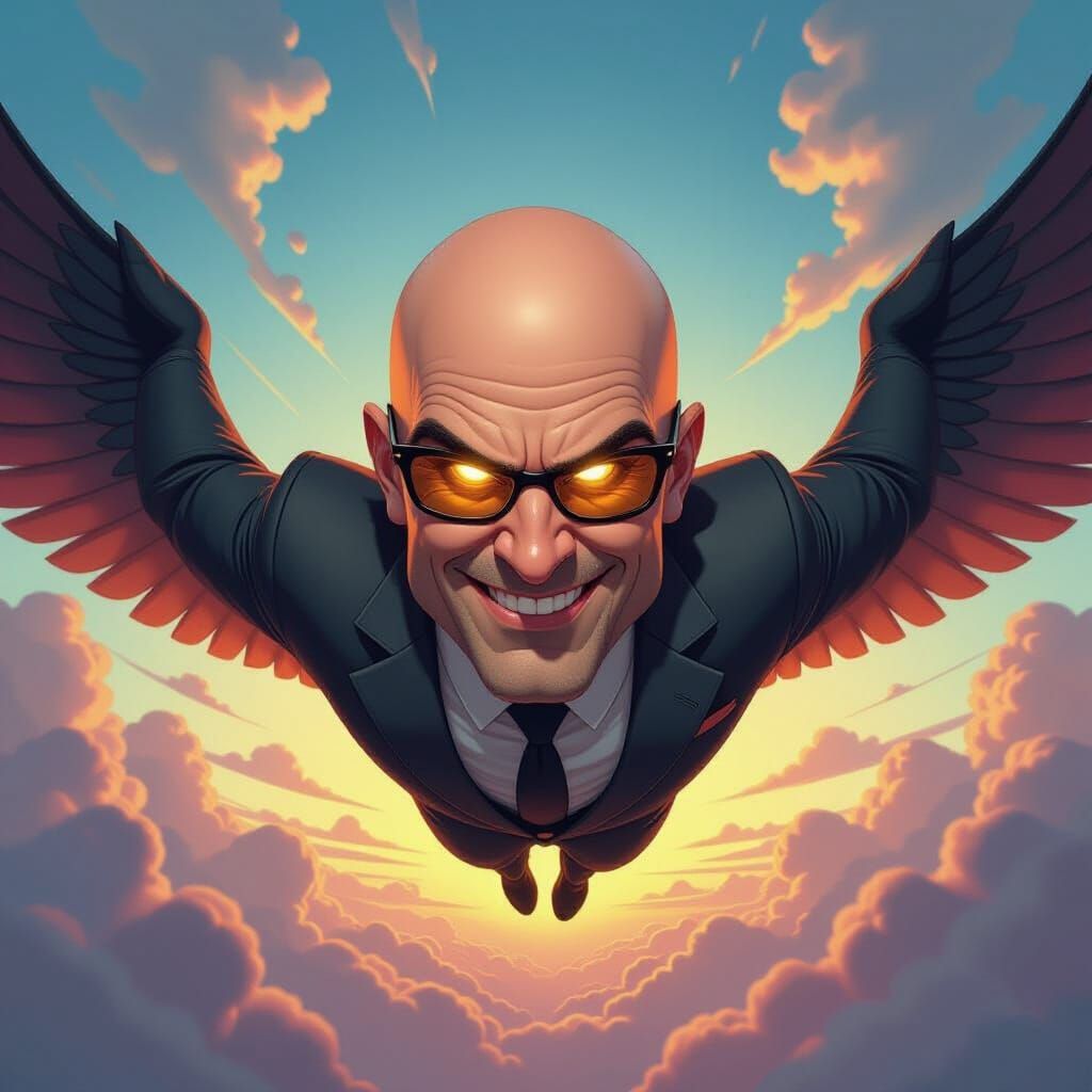 Bald Billionaire Soars Through Vibrant Sky in Comic Book Sty...