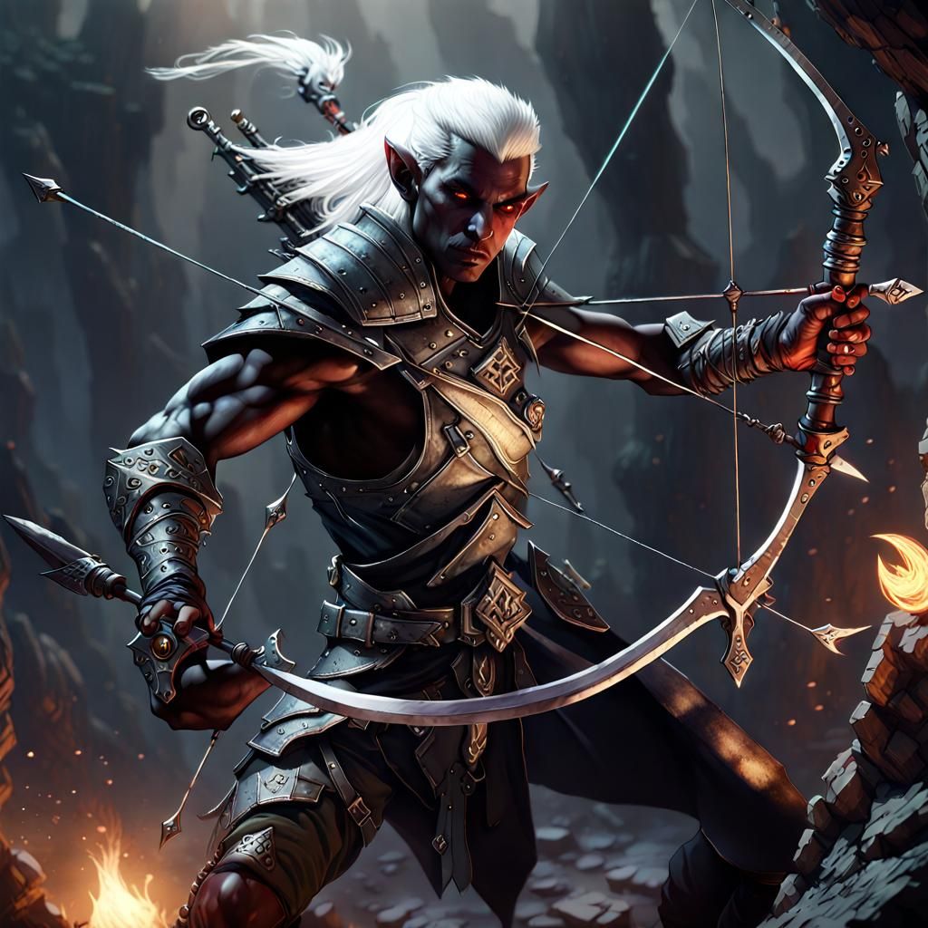 Dark Elf Archer in Dungeon, Hyperdetailed Fantasy Art