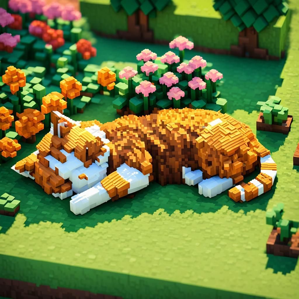 Voxel Ginger Cat Sleeping in Minecraft Garden