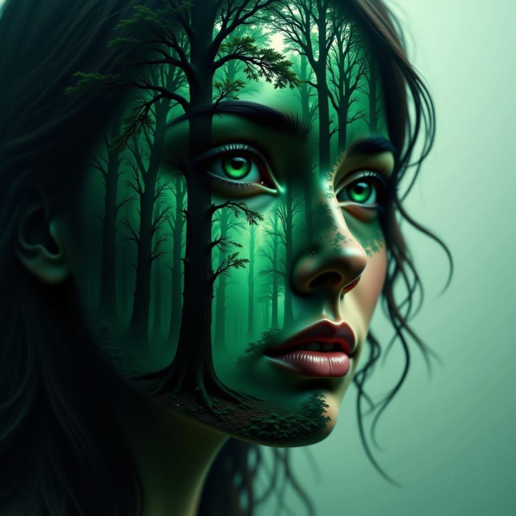 Double Exposure Portrait with Ethereal Forest Night