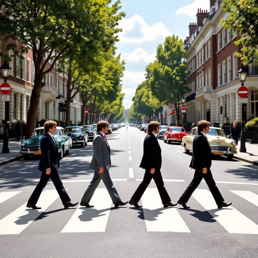 Four Men Cross Abbey Road in Vintage Style