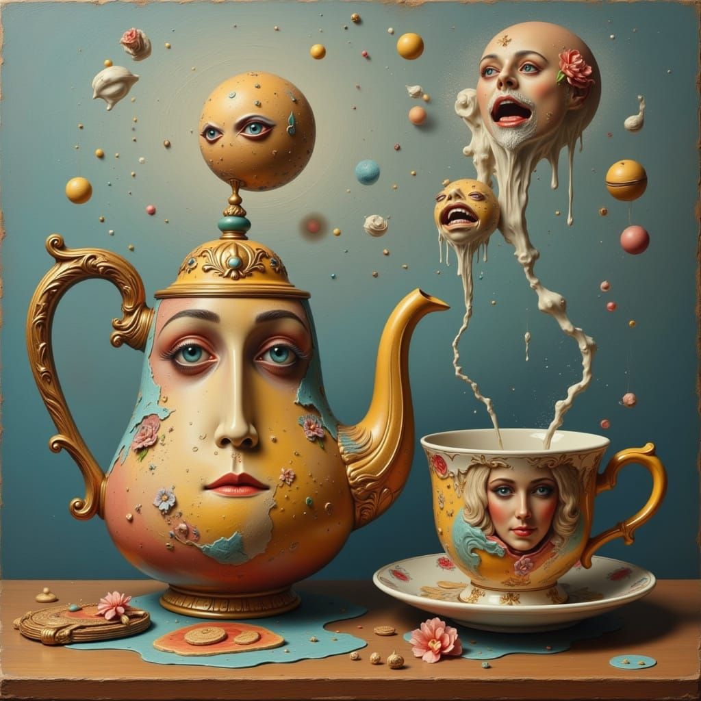 Surreal Teapot and Cup with Faces in Dali Style