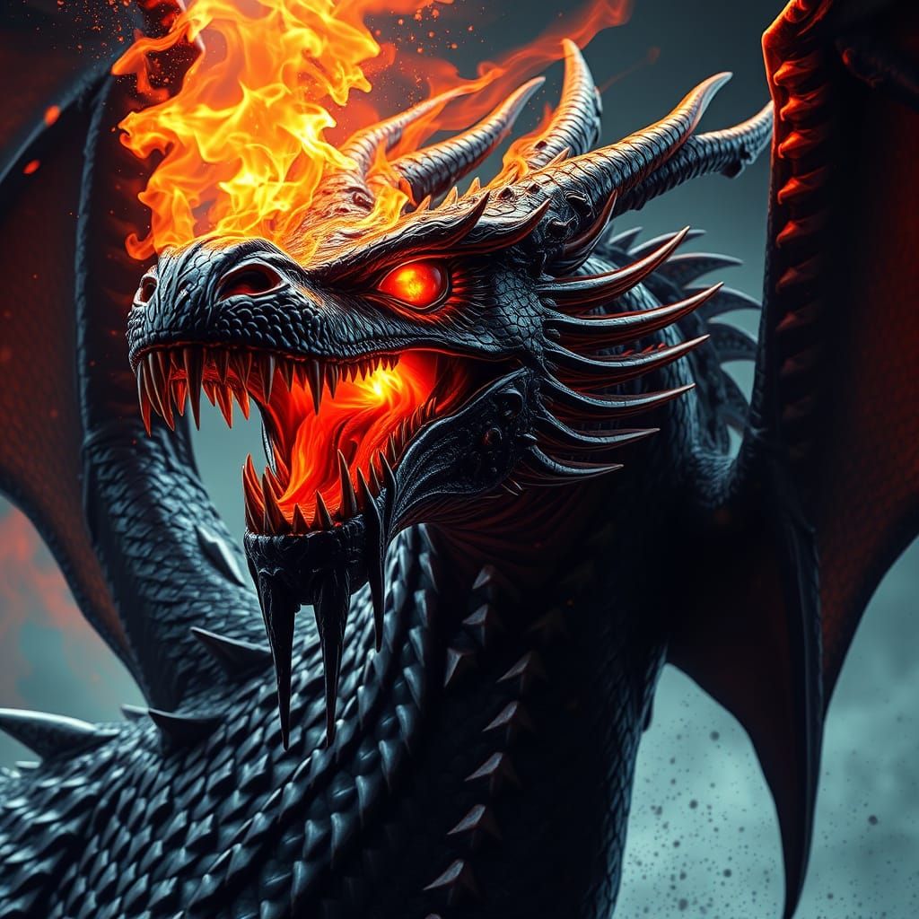Fearsome Black Dragon Breathes Fire