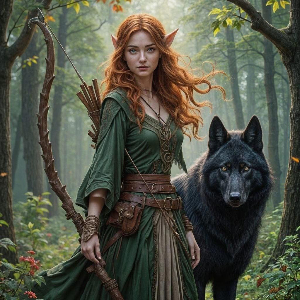 Wood Elf with Longbow and Black Wolf