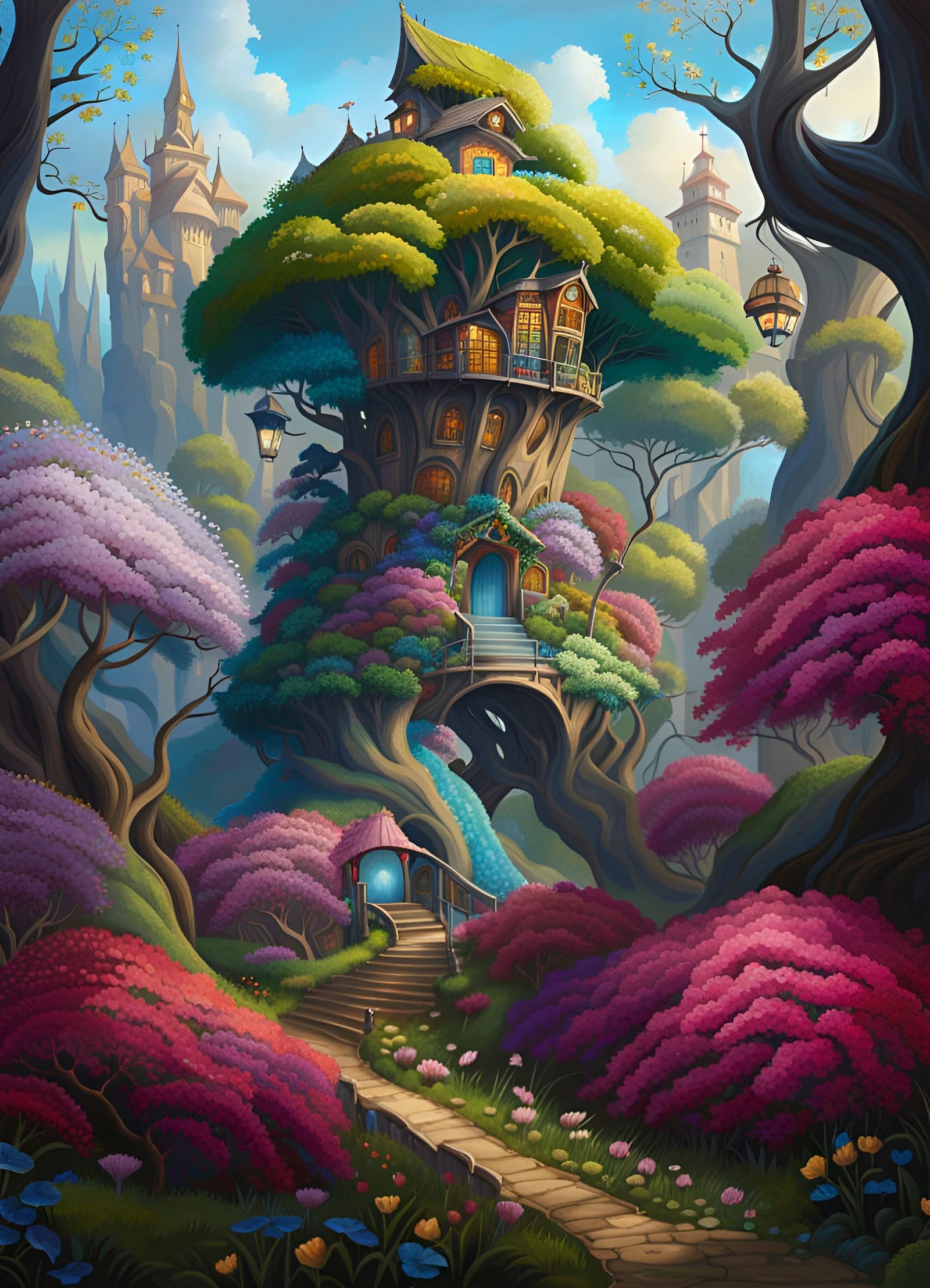 Enchanted Tree-City Tower Covered in Colorful Flowers