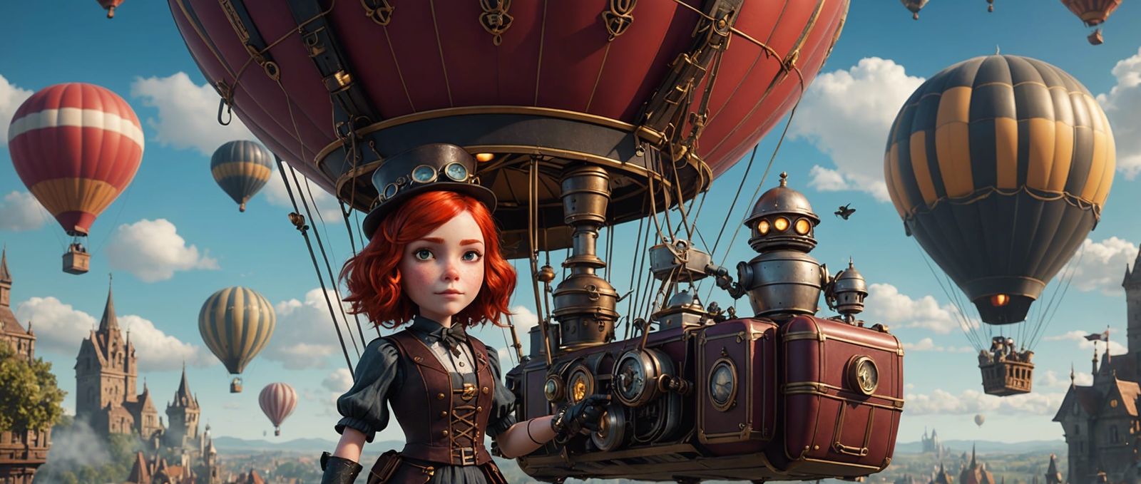 Steampunk Girl and Robot Butler in Balloon