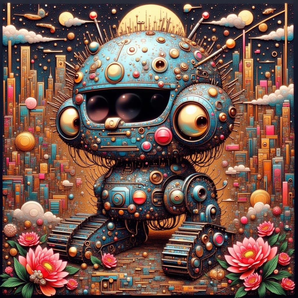 Happy Urbanpunk Robot with Tank Treads in Silk Cityscape