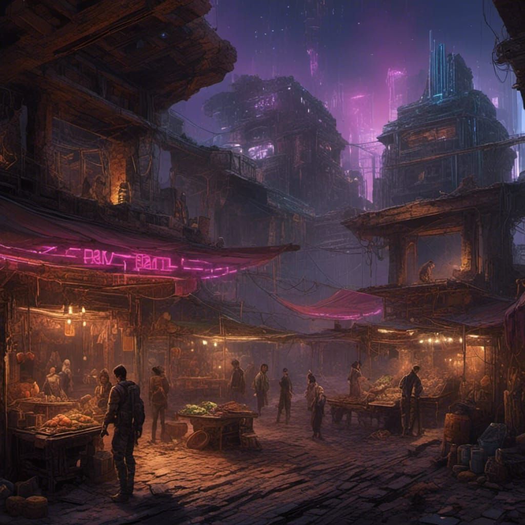 Cyberpunk Mayan Ruins Market at Night