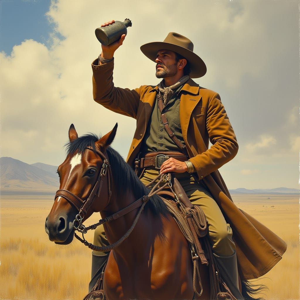 Cowboy Pauses for Drink in Western Landscape