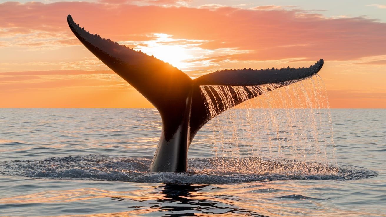 A Majestic Whale Tail in Golden Sunset Hues