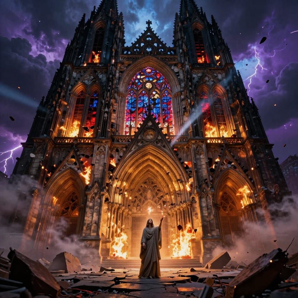 Gothic Cathedral in Mid-Collapse, Surreal Fantasy Art