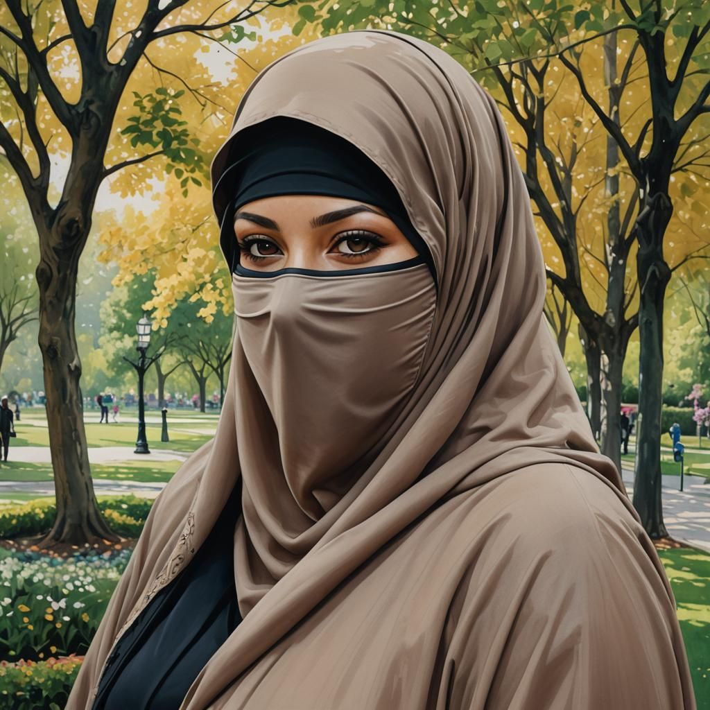 European Woman in Niqab: Detailed Oil Painting