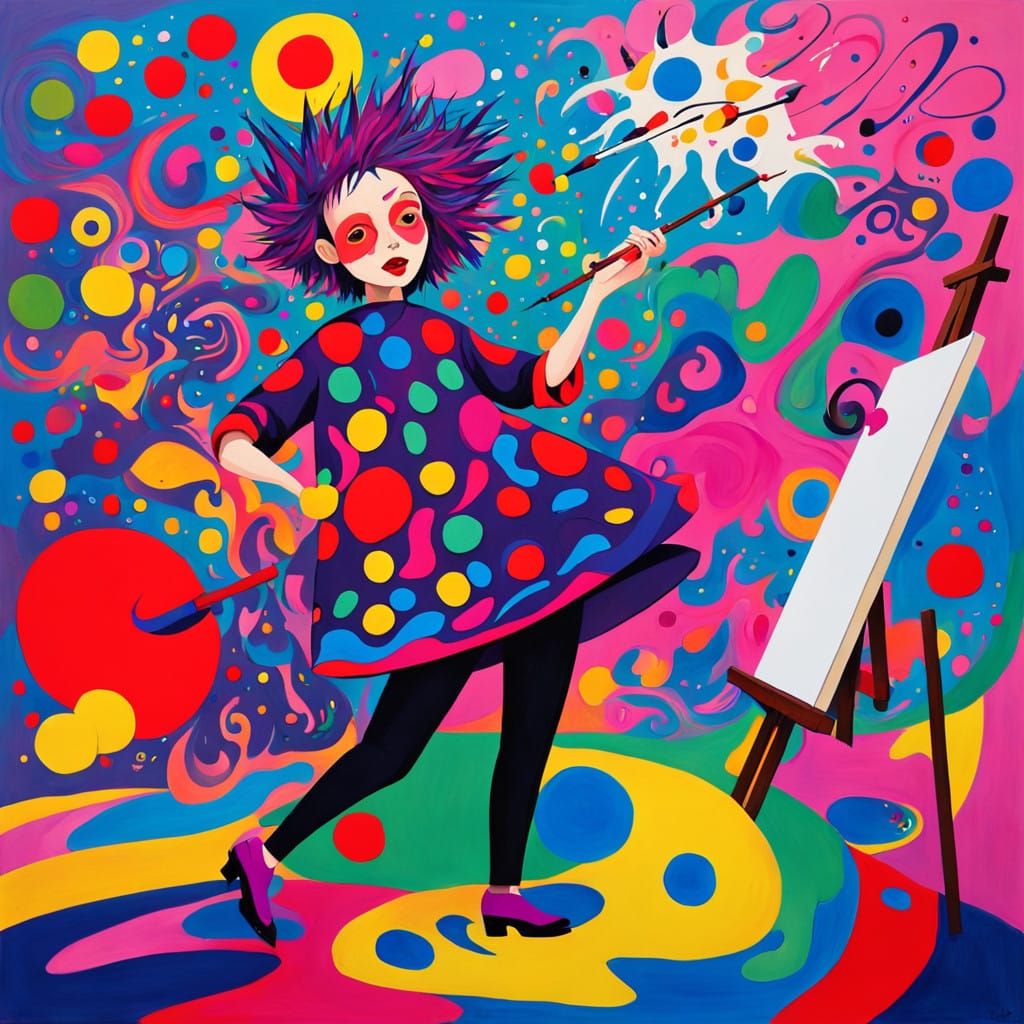 Vibrant Eccentric Artist Captured in Dreamlike Surrealist Sc...