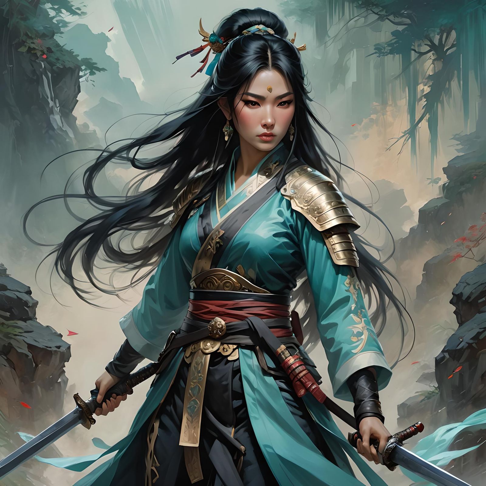Asian Warrior Woman with Sword in Digital Painting Style