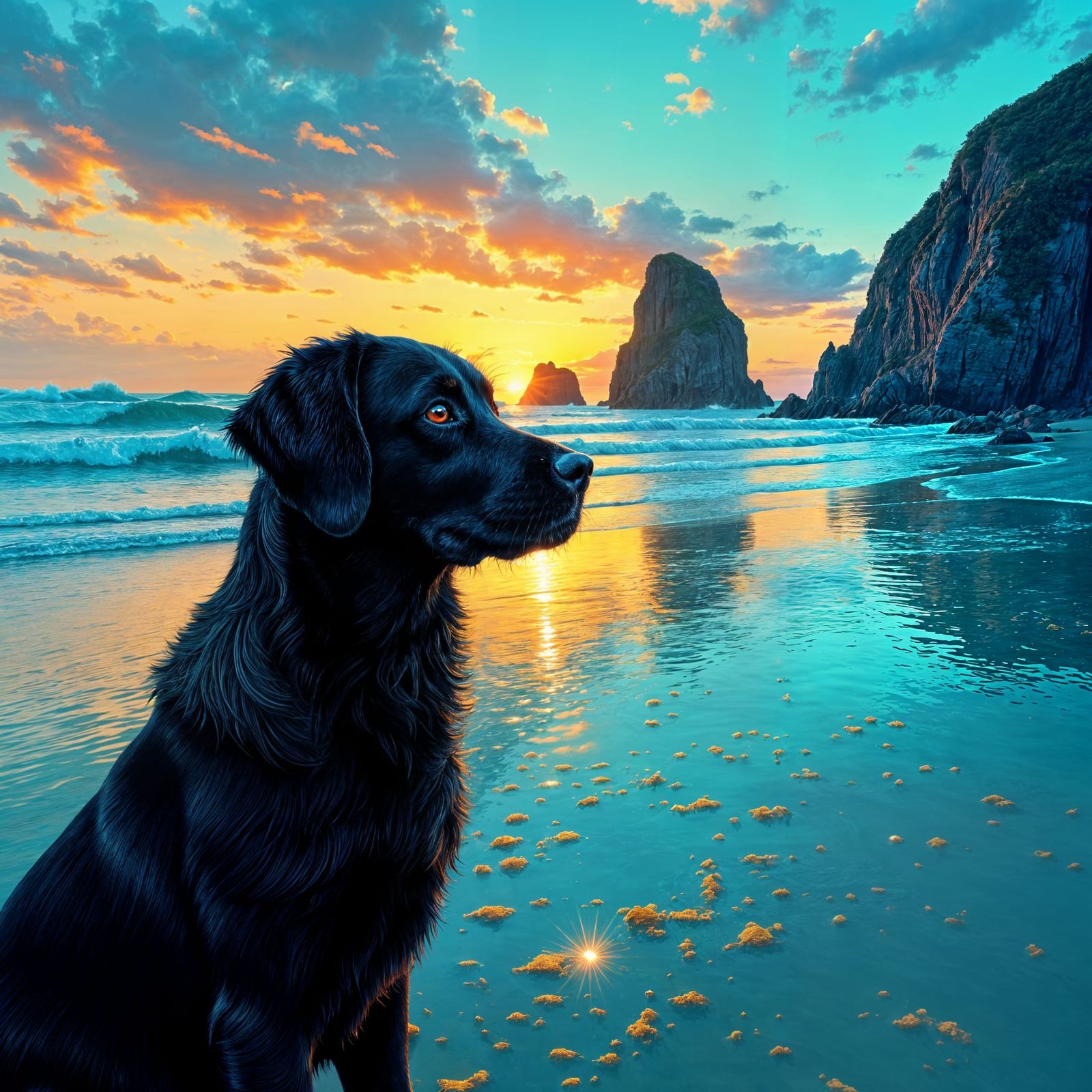 Beach Sunset with Black Lab in Abstract Style