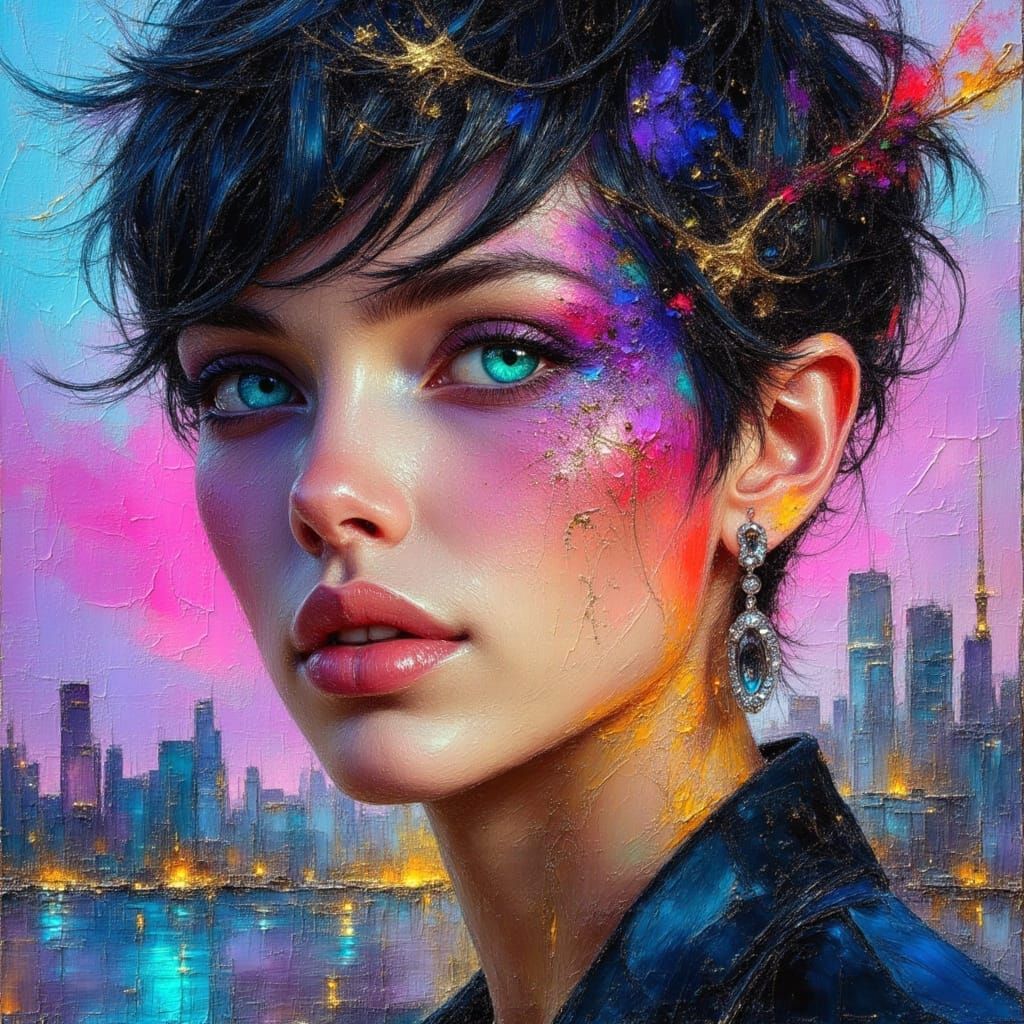 Model with Blue-Green Eyes in Impasto Oil Painting