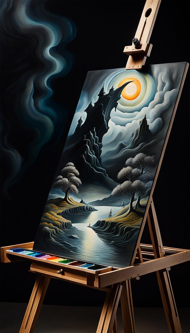 Surrealist Dreamscape on Black Easel, Magical Realism