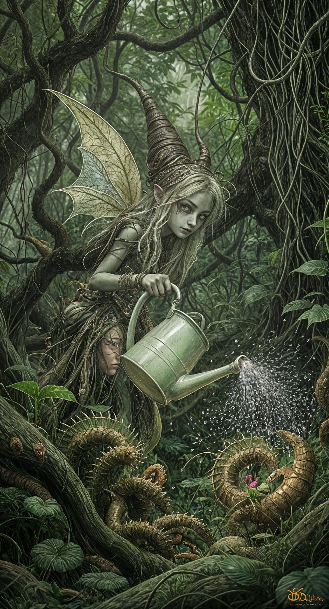 Pixie in Carnivorous Garden, Dark Fantasy Art