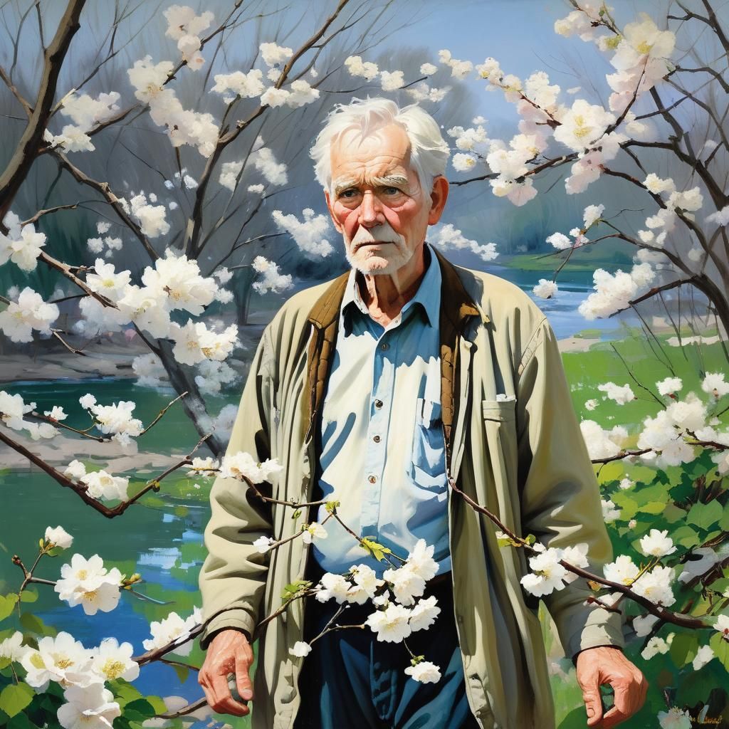Riverside Blossoms Painting in the Style of James Gurney