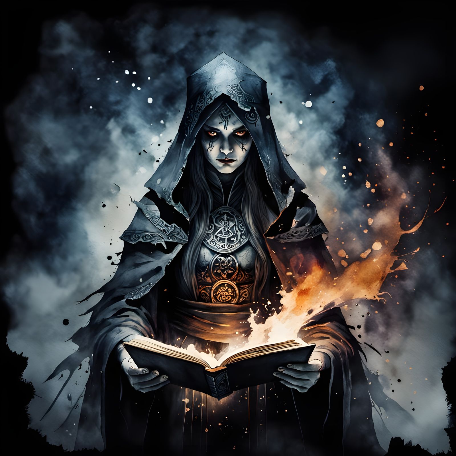 Battle Priestess with Cursed Tome Watercolor Painting