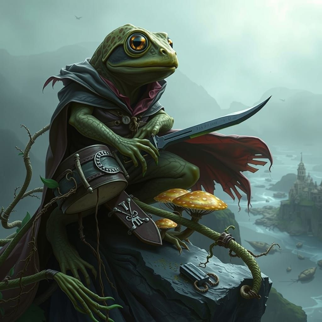 Surreal Frog Assassin Overlooks Serene Ocean Village