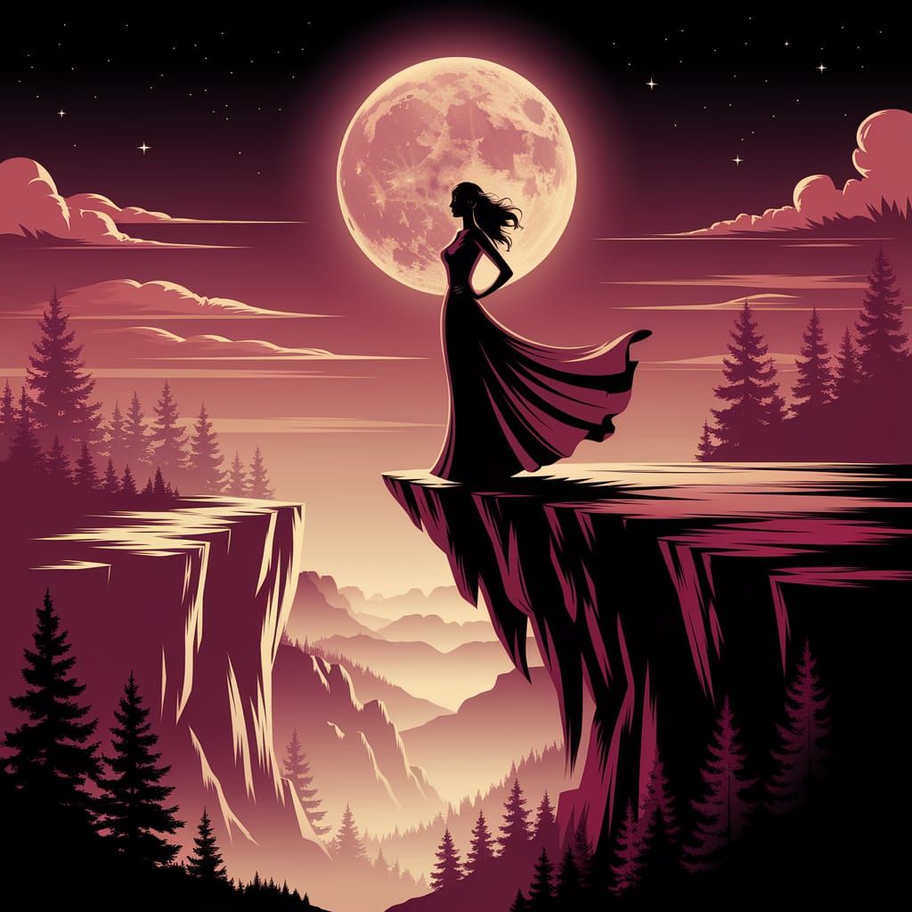 Woman Silhouetted by Moon on a Cliff