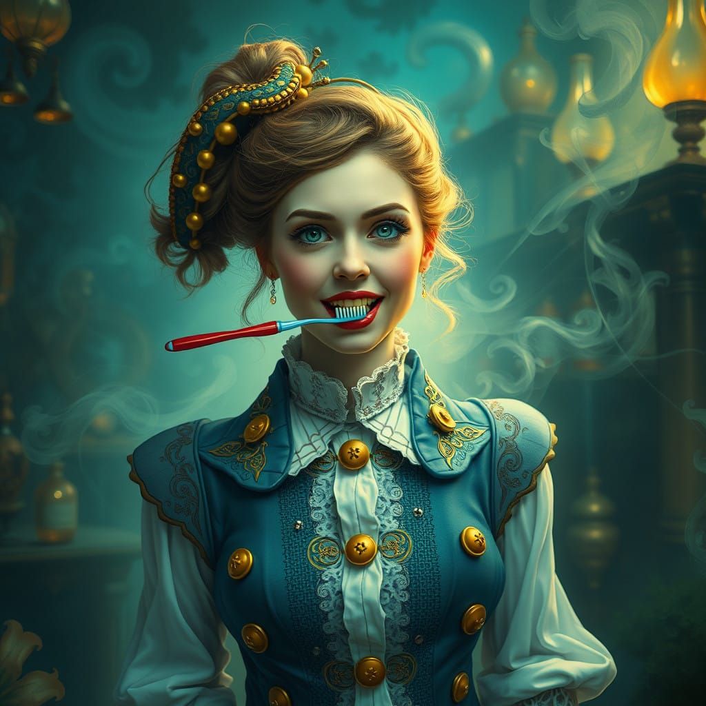 Victorian Woman in Dreamlike Apothecary Setting