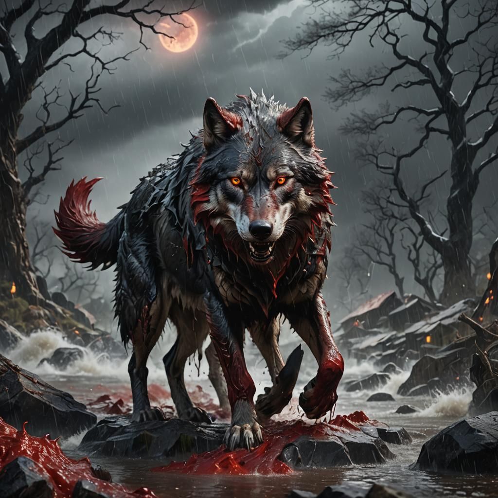 Blood-Covered Wolf in Storm: Detailed Matte Painting