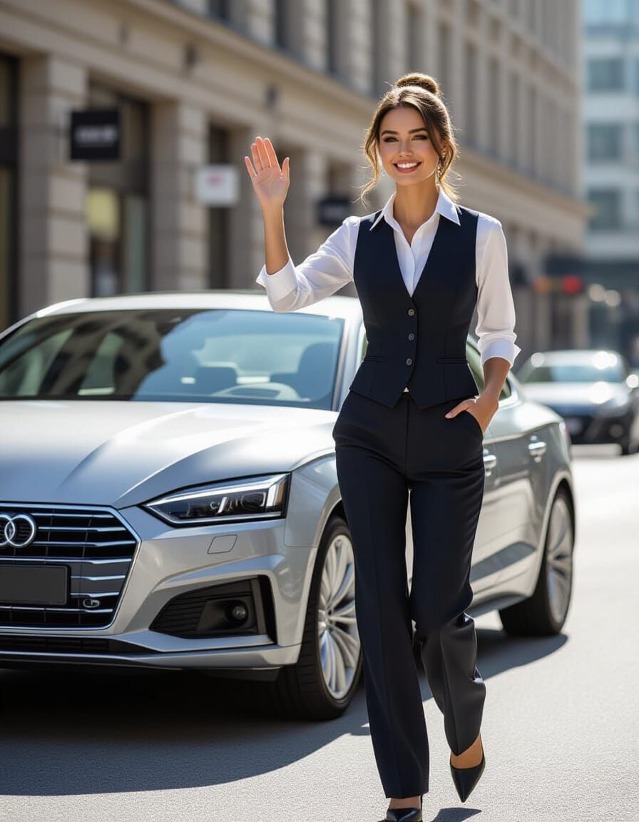 Stylish Woman Waving Hello to Audi in Urban Street Scene