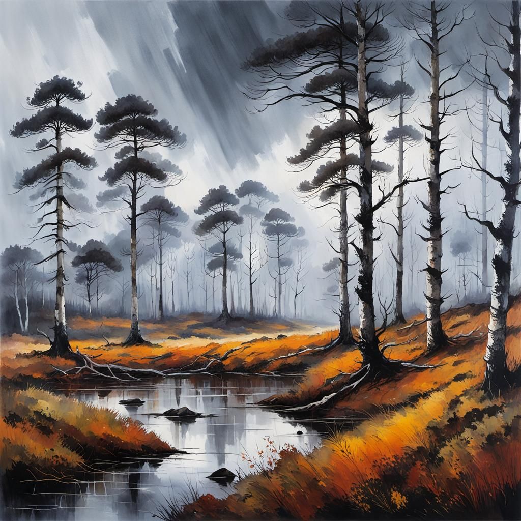 Moorland Pines and Birches in Approaching Storm