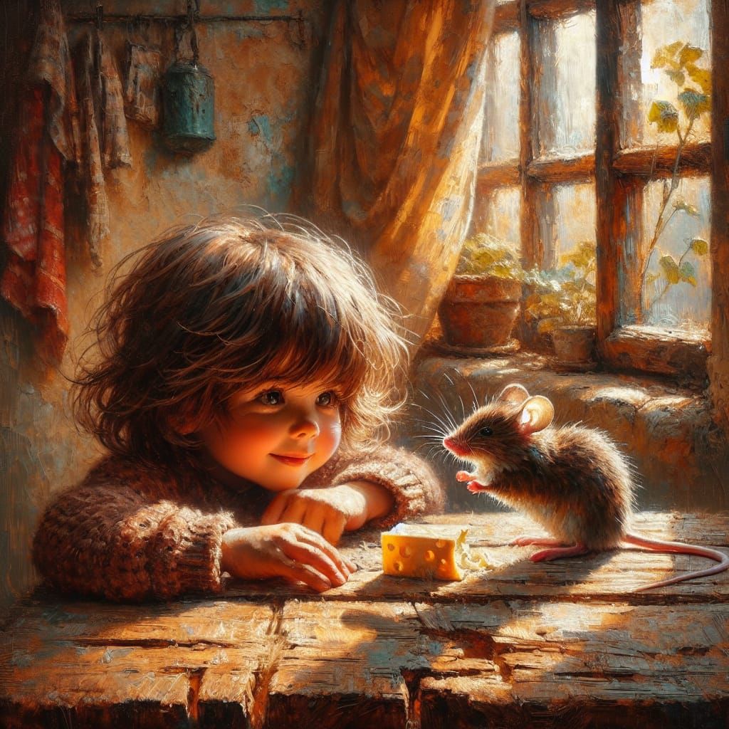 Girl Watching Mouse: Impressionist Oil Painting