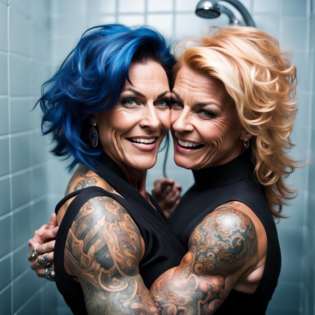 Female Bodybuilders Hugging in Shower