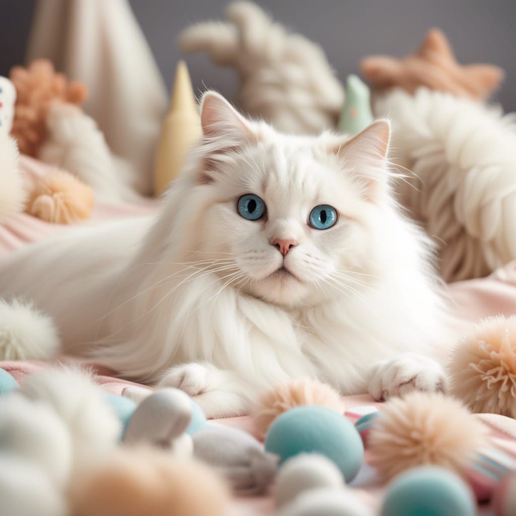 A spoiled kitty surrounded by her favorite toys.