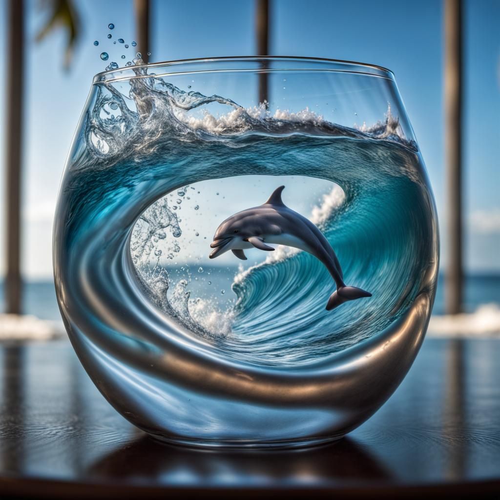 Hyperrealistic Dolphin Surfing a Glass Wave