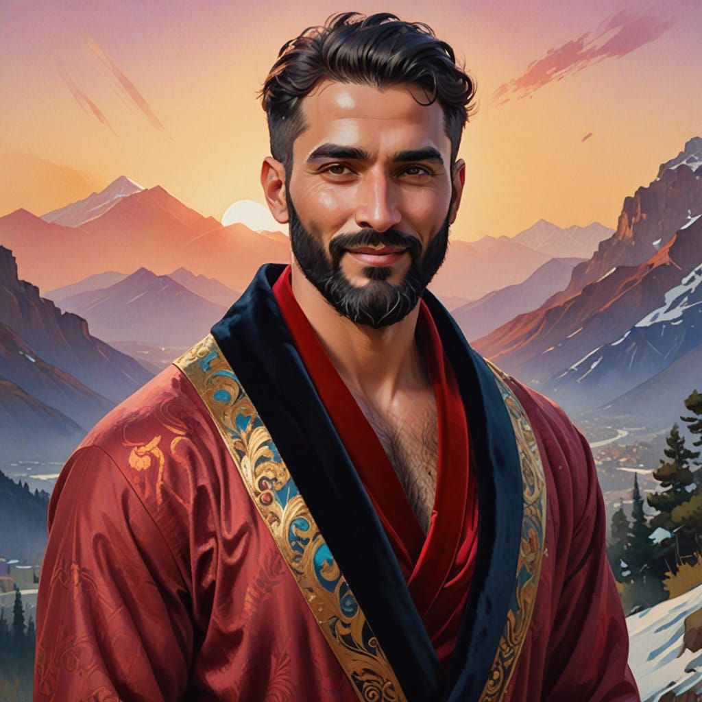 Joyous Young Man in Red Velvet Bathrobe