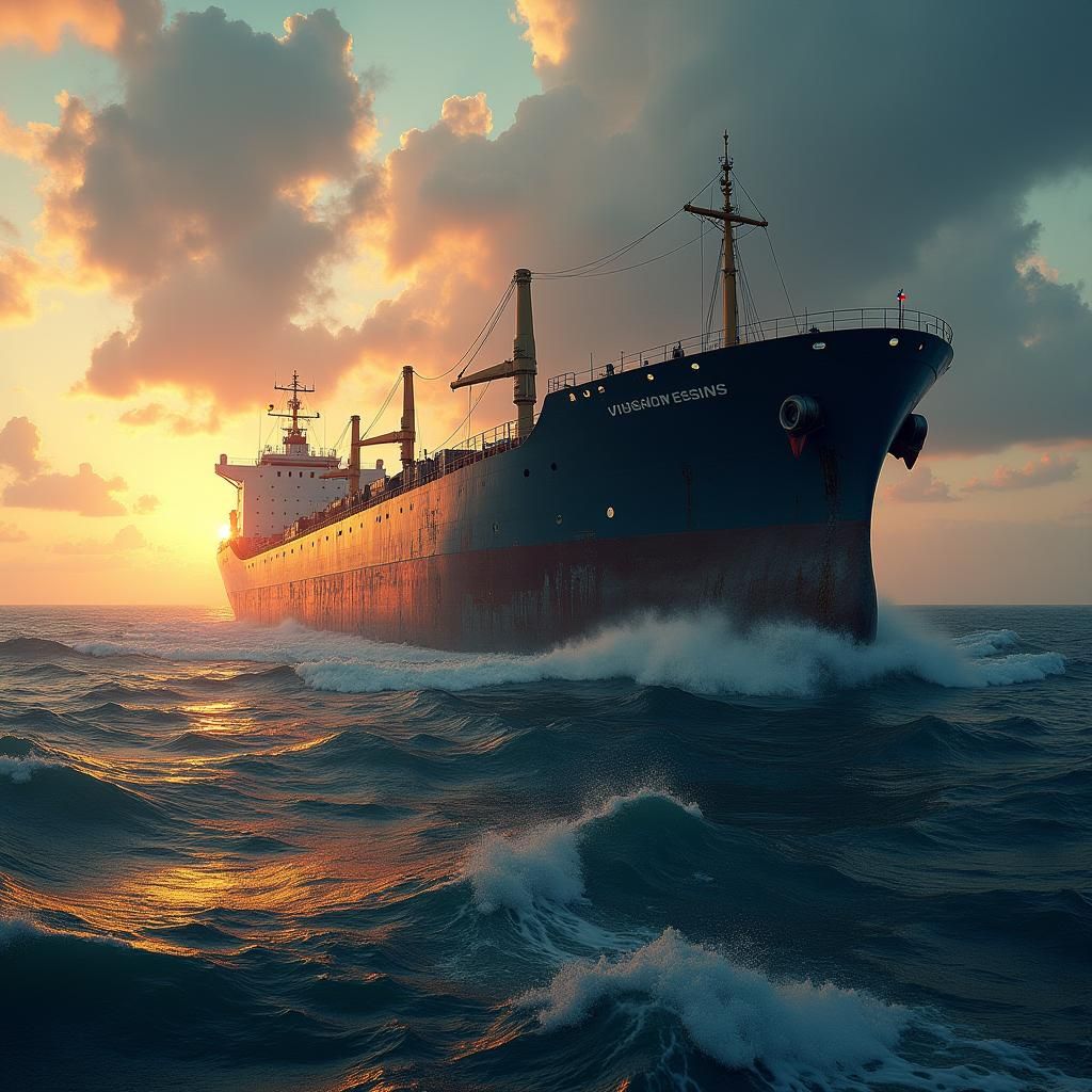 Oil Tanker Disaster at Sunset: Digital Art