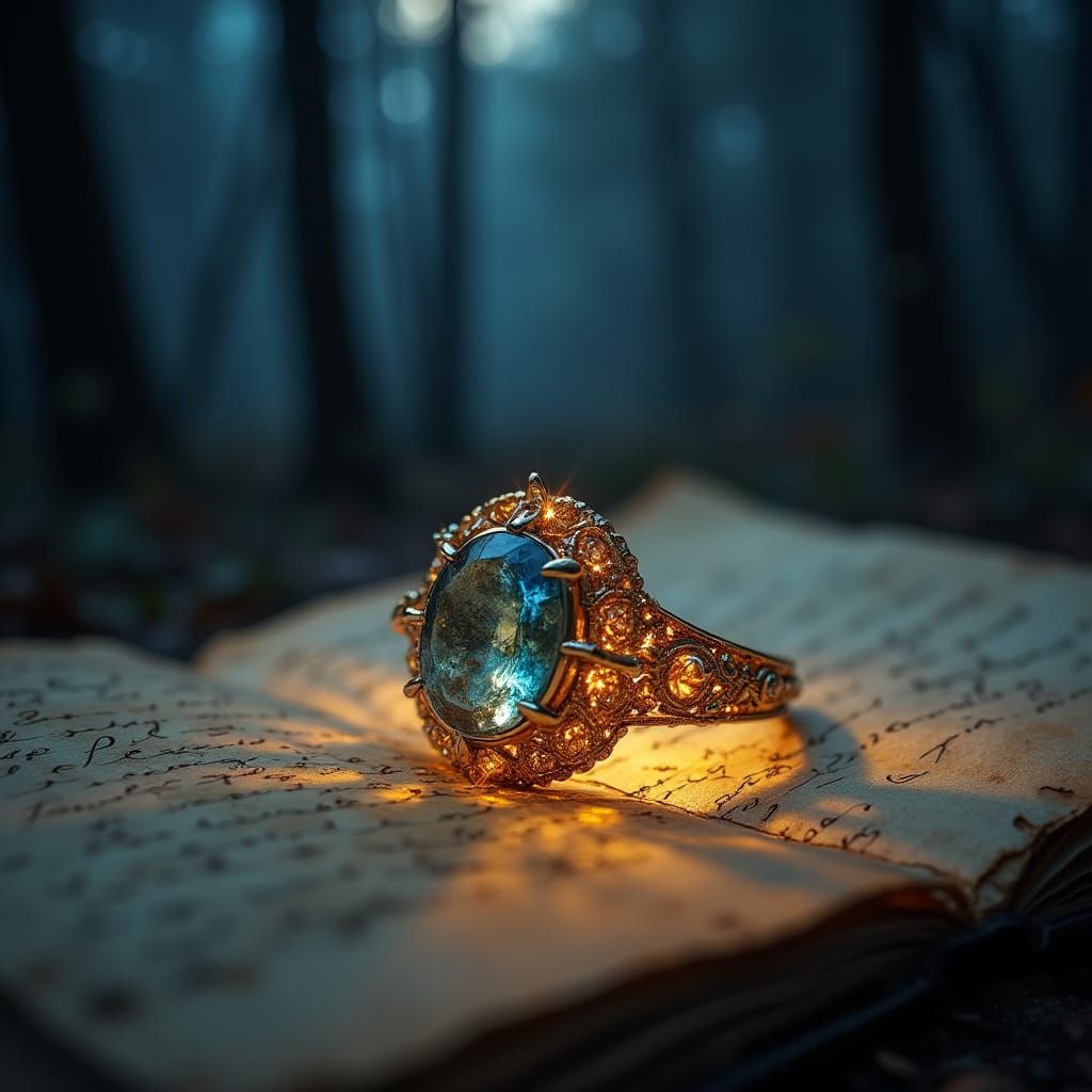 Ethereal Fae Sapphire Ring Illuminates Dark Fantasy Forest