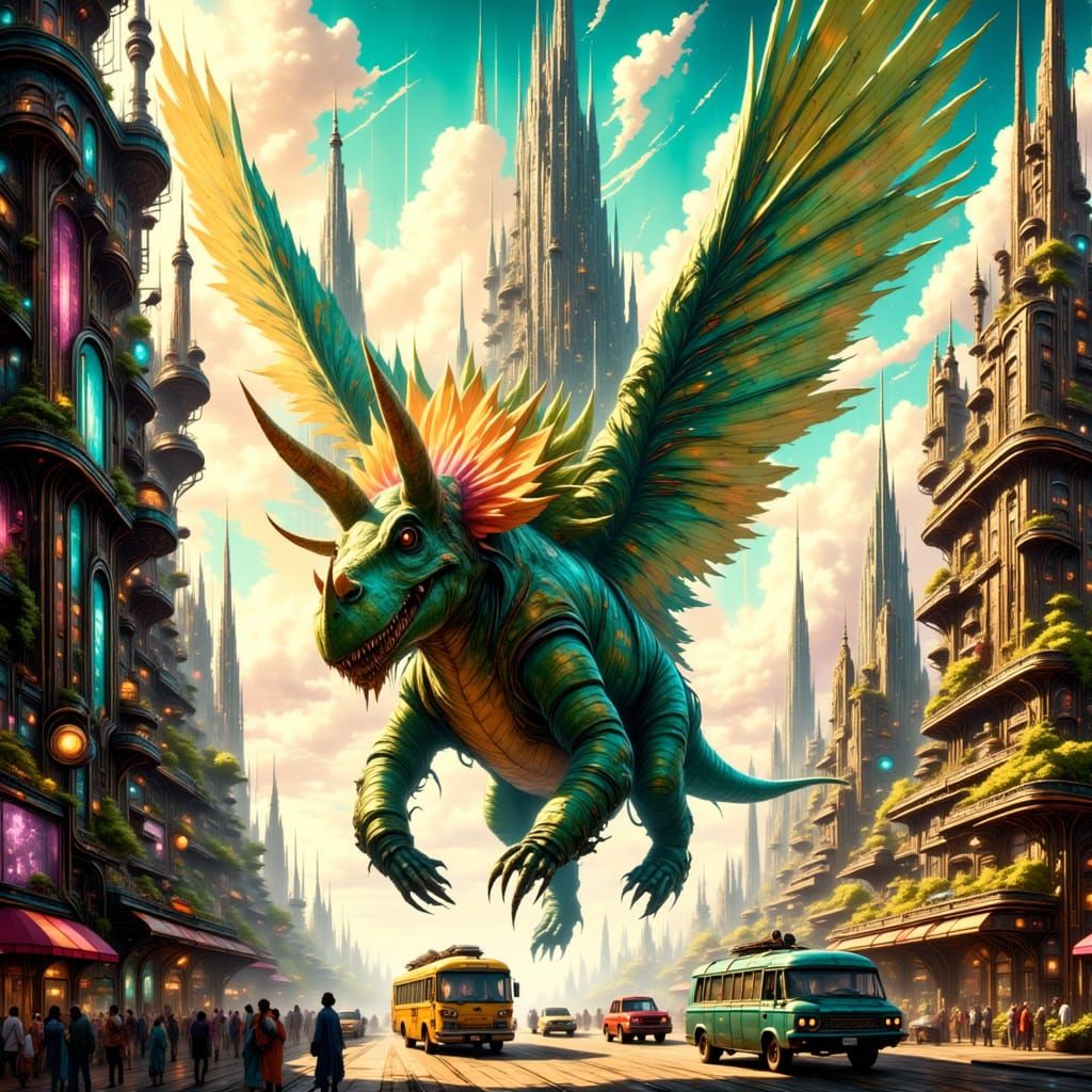 Winged Triceratops in Whimsical Steampunk City