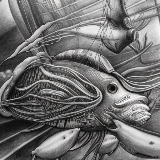 Steampunk Submarine in Underwater Charcoal Drawing