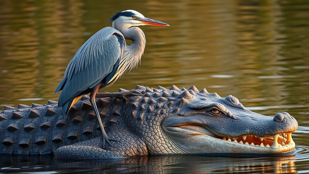 A Blue Heron and an Alligator, mutualistic relationship