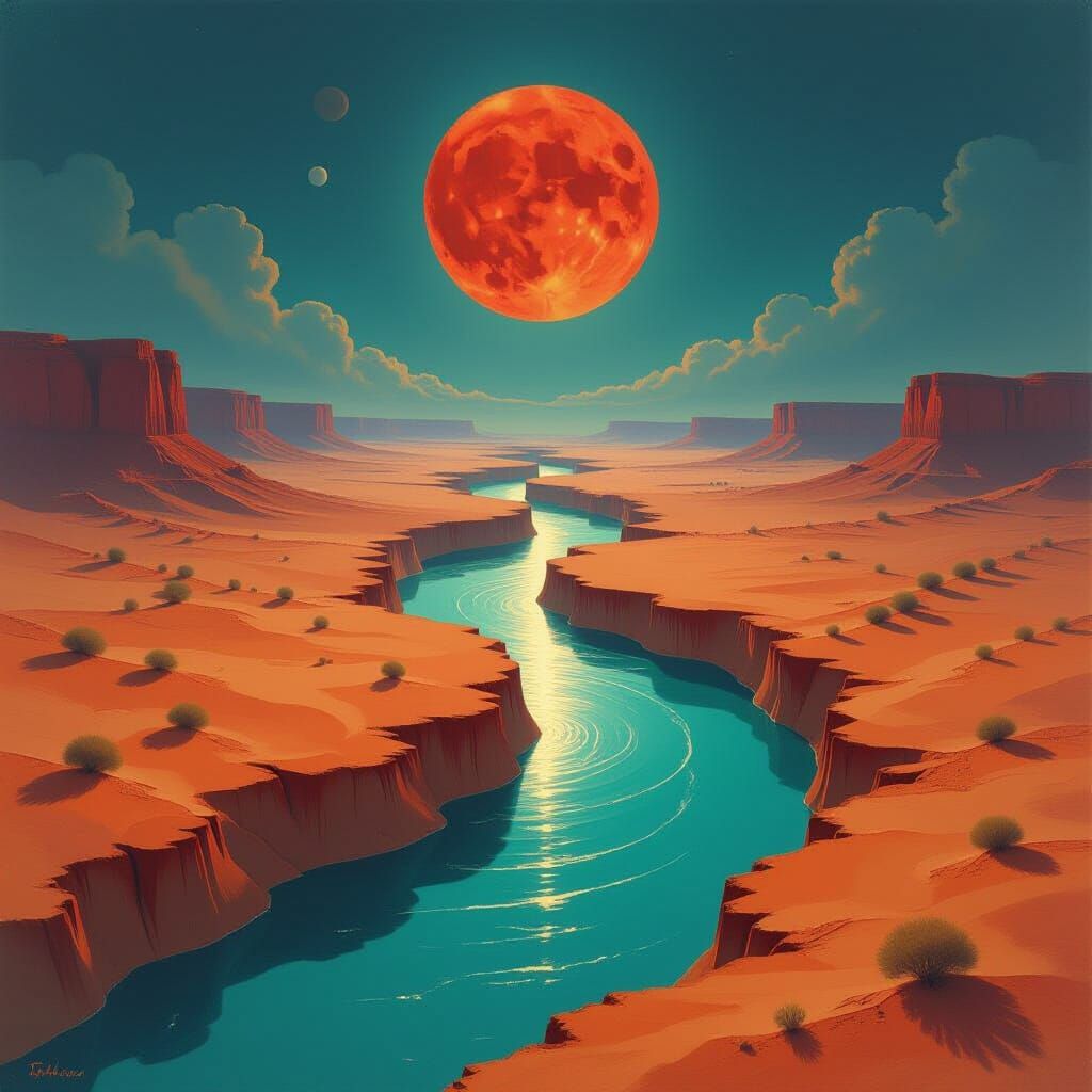 Rivers Merge Under Blood Moon in Ethereal Desert Fantasy Art