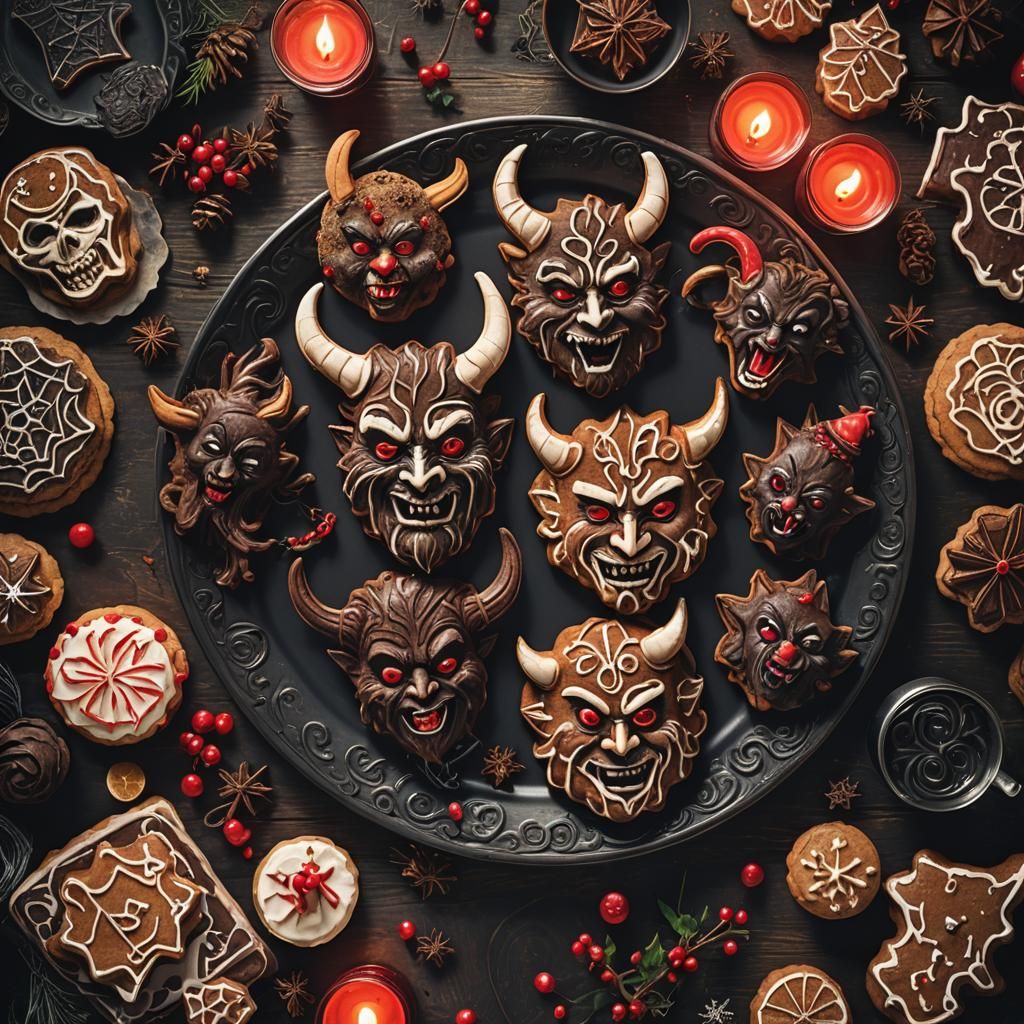 Krampus Gingerbread Cookies in Gothic Christmas Scene
