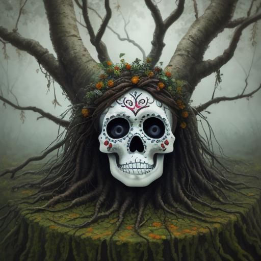 Sugar Skull in Tree, Detailed Watercolor Painting
