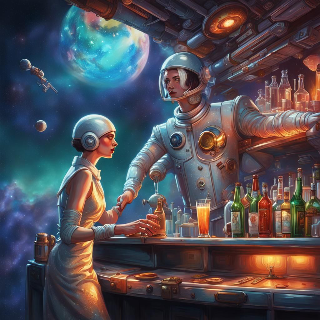 Android Bartender in Sci-Fi Bar Serving Flapper