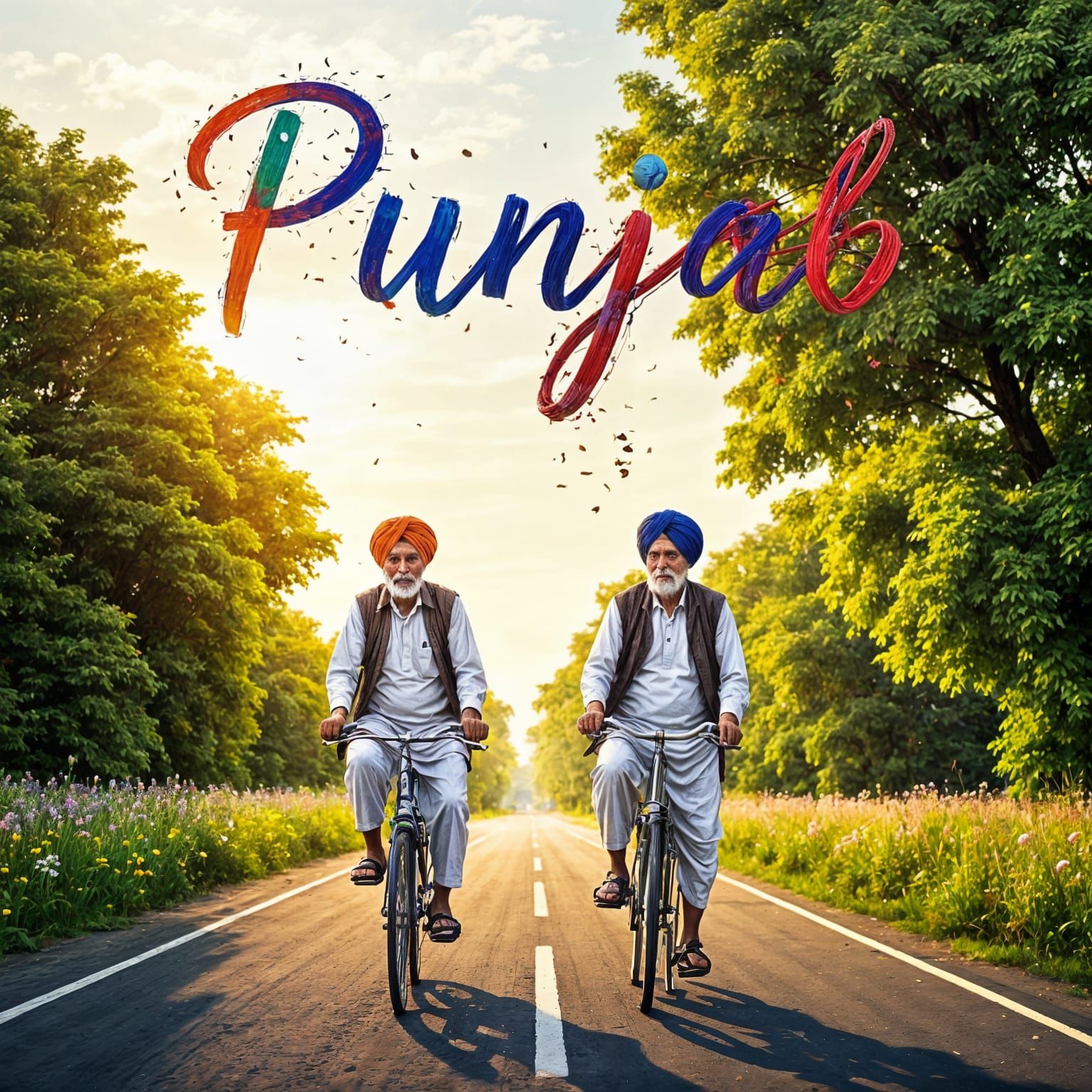 Punjabi Men on Bicycles Painting with Text