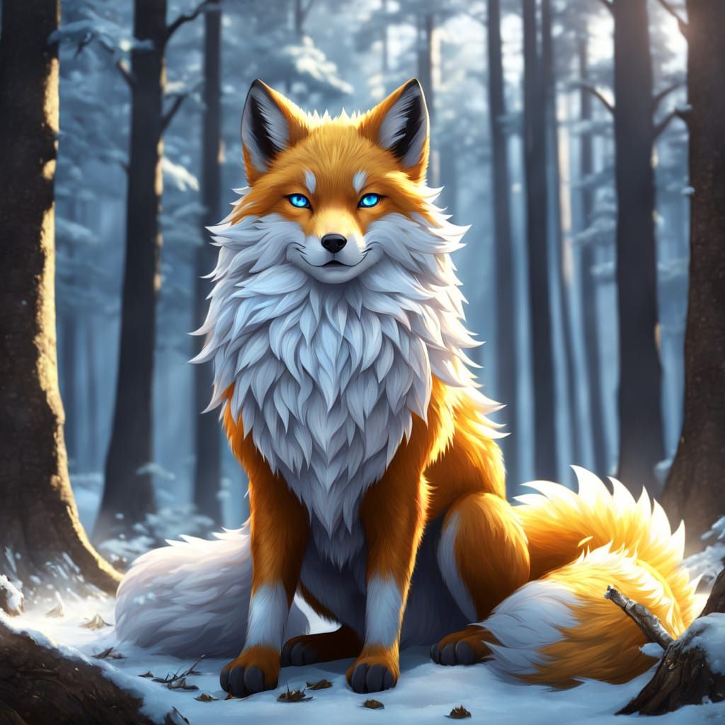 Golden Kitsune in Icy Glare, Surrounded by Fiery Embers